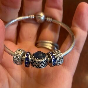 Pandora Silver Bracelet with clear and Blue pave stone Charms